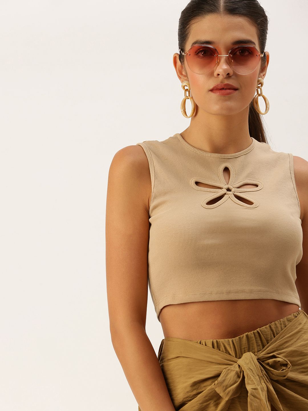 FOREVER 21 Women Khaki Ribbed Tank Crop Top With Cut Outr Details