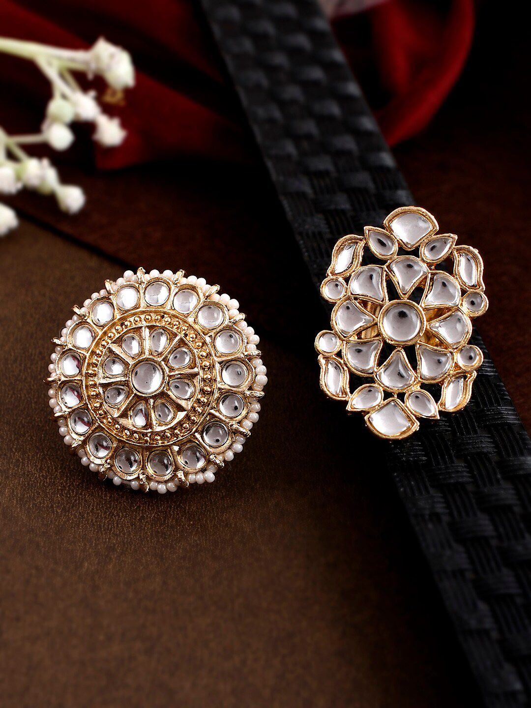 Shoshaa Set Of 2 Gold-Plated White Kundan-Studded Finger Rings Price in India