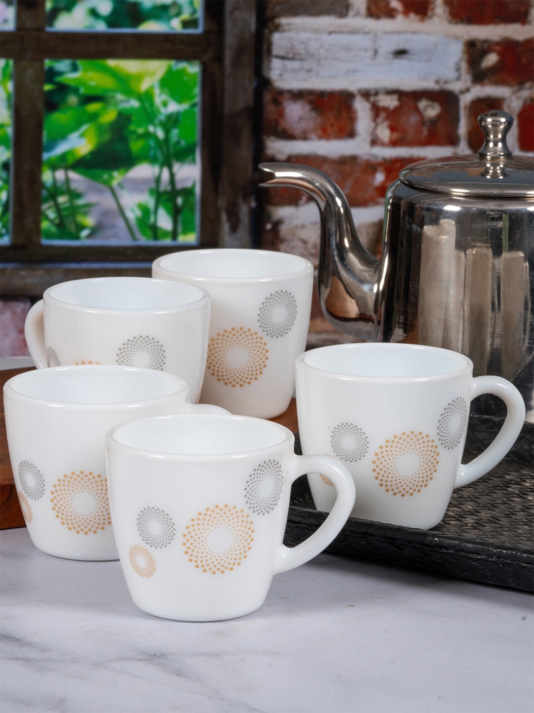 Cello Set of 12 White & Yellow Floral Printed Opalware Glossy Mugs Price in India