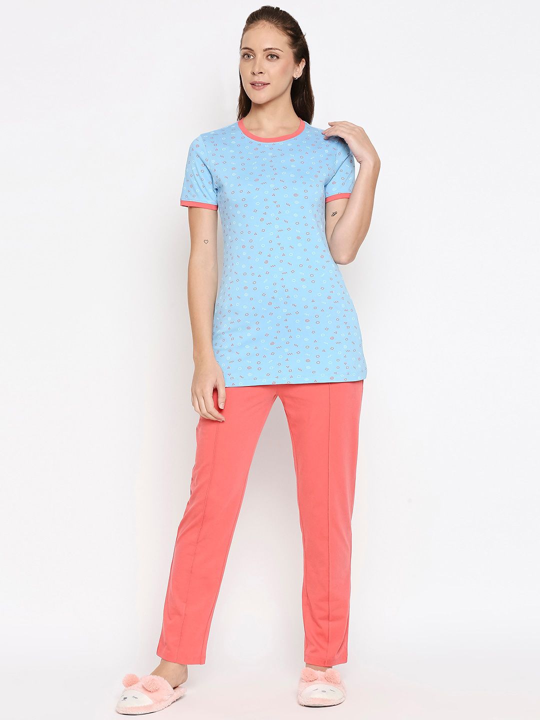 XIN Women Blue Printed Pure Cotton Lounge T-shirt Price in India