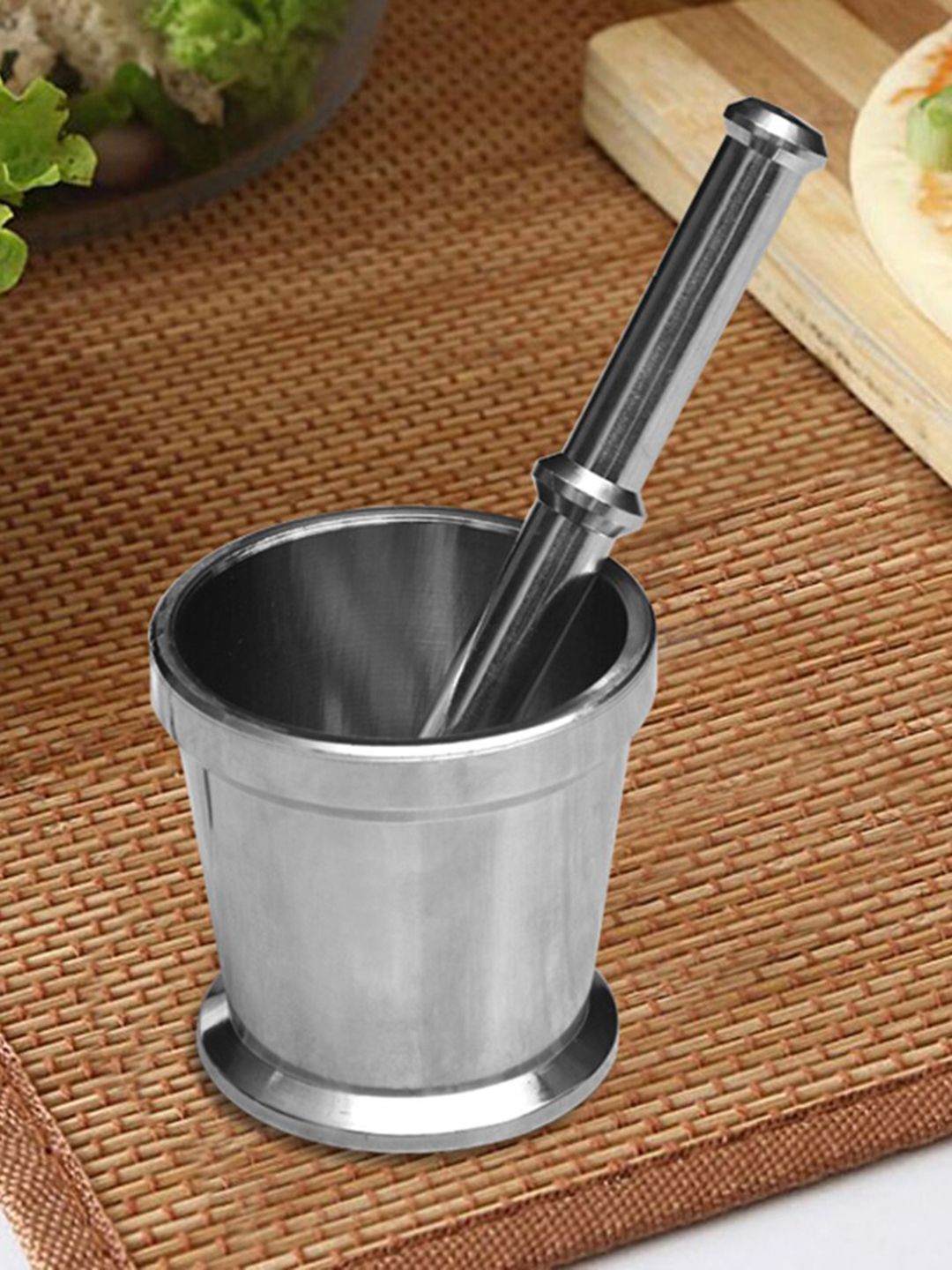Athome by Nilkamal Silver-Toned Solid Stainless Steel Mortar & Pestle Set Price in India