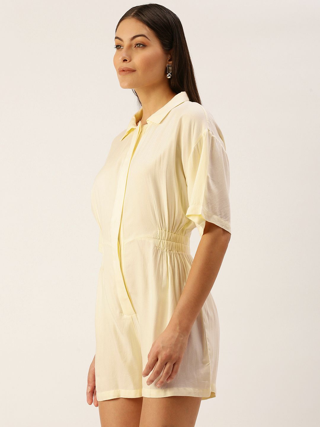 FOREVER 21 Women Cream-Coloured Solid Shirt-Collar Playsuit Price in India