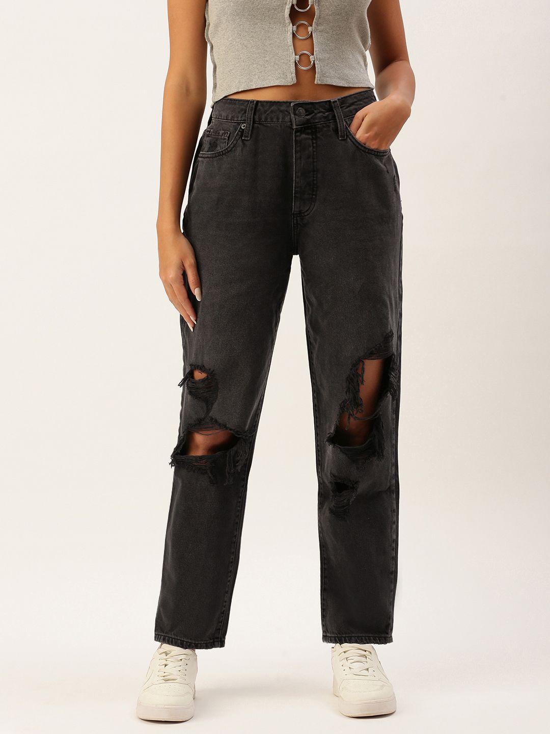 FOREVER 21 Women Black Highly Distressed Jeans Price in India