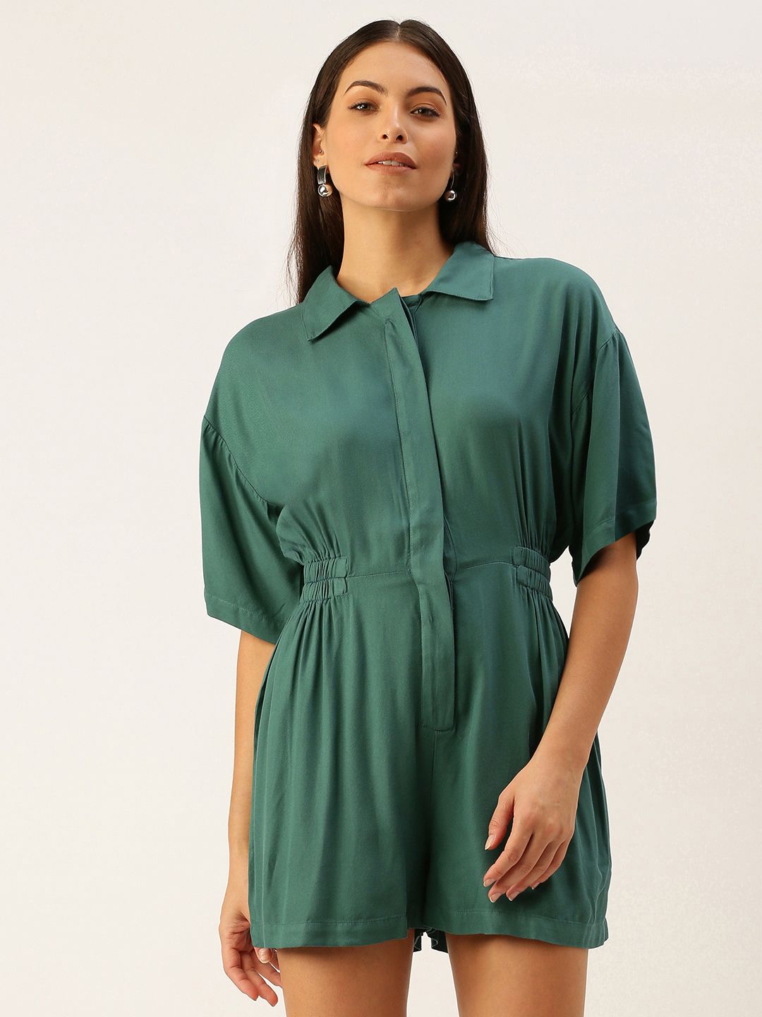 FOREVER 21 Women Teal Green Solid Shirt-Collar Playsuit Price in India