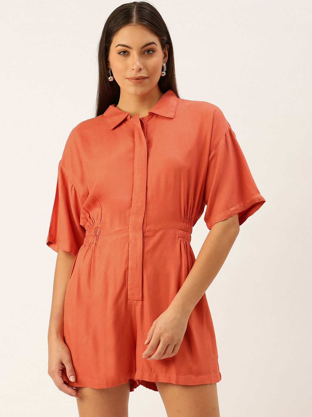 FOREVER 21 Women Coral Red Solid Shirt-Collar Playsuit Price in India