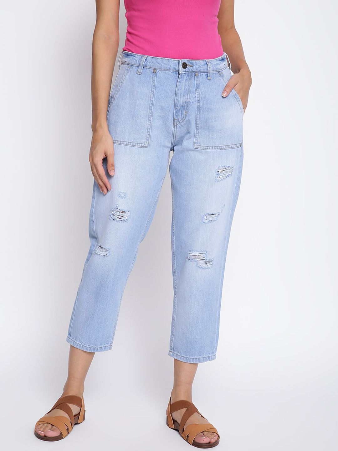 TALES & STORIES Women Blue Mildly Distressed Light Fade Jeans
