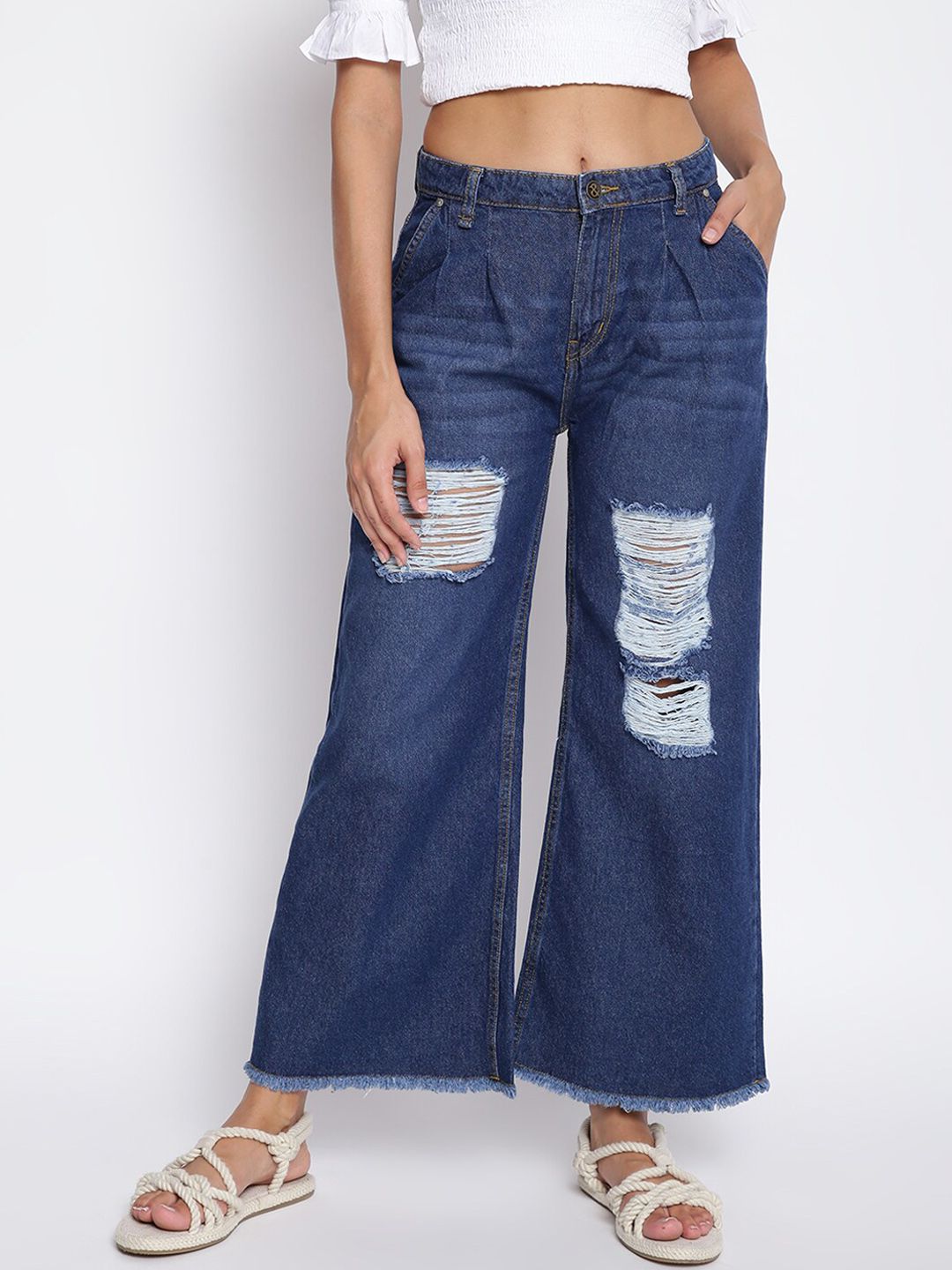 TALES & STORIES Women Blue Wide Leg Highly Distressed Light Fade Crop Cotton Jeans Price in India