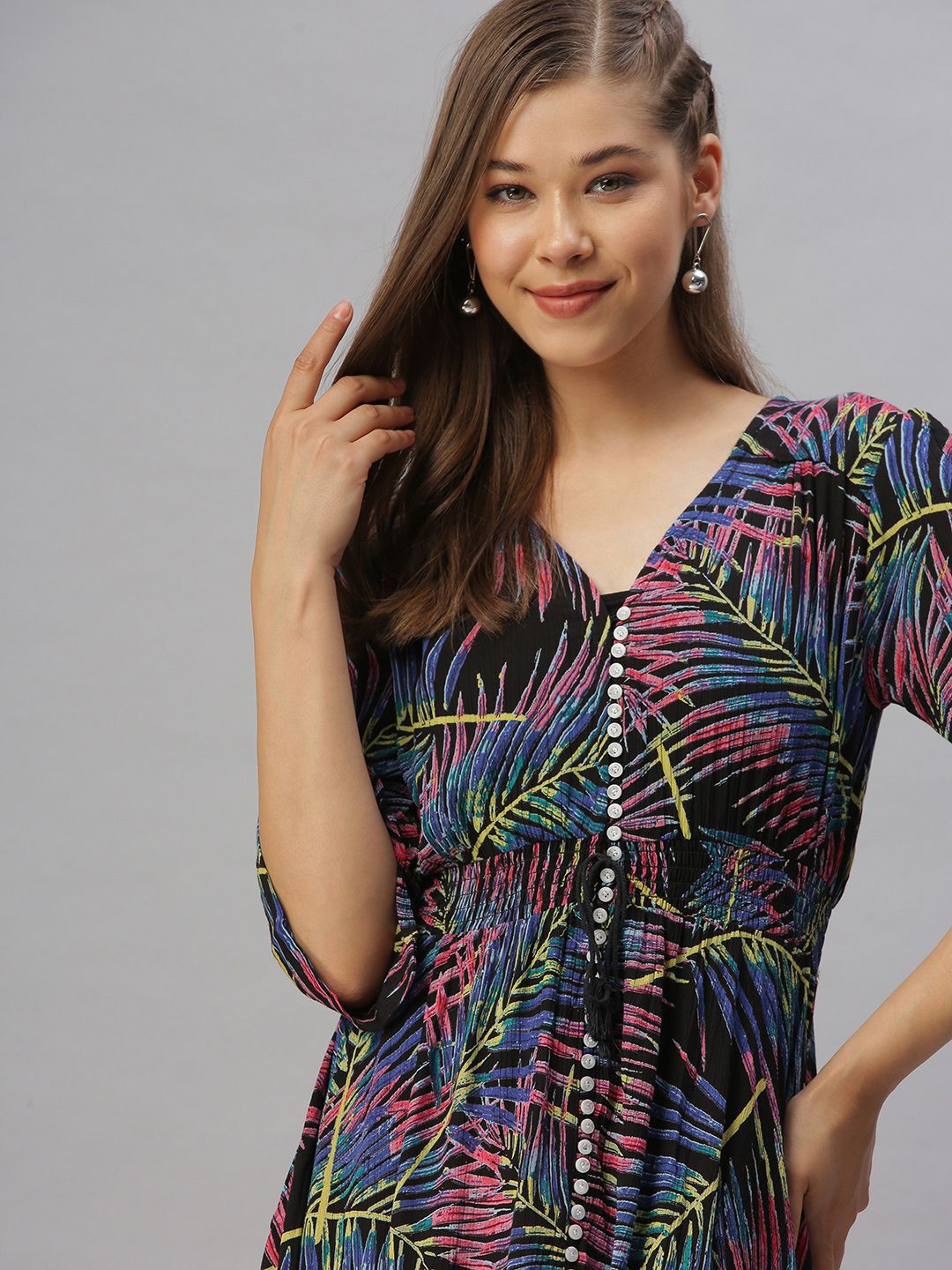 SHOWOFF Women Multicoloured Tropical Fit and Flare Dress Price in India