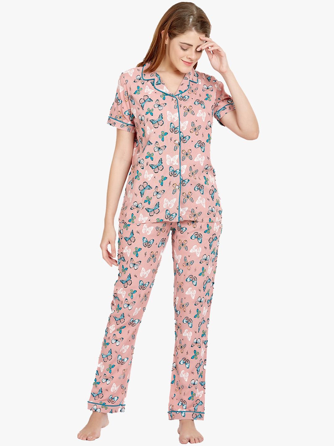 MAYSIXTY Women Pink & Blue Printed Night Suit Price in India