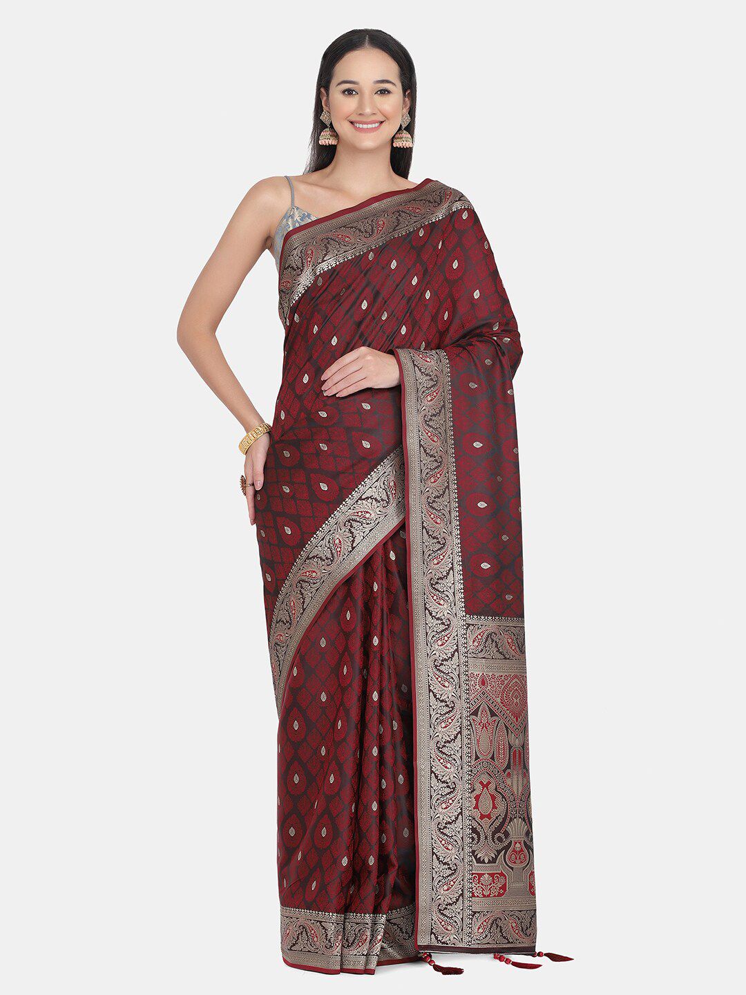 BOMBAY SELECTIONS Maroon & Silver-Toned Woven Design Zari Pure Silk Banarasi Saree Price in India