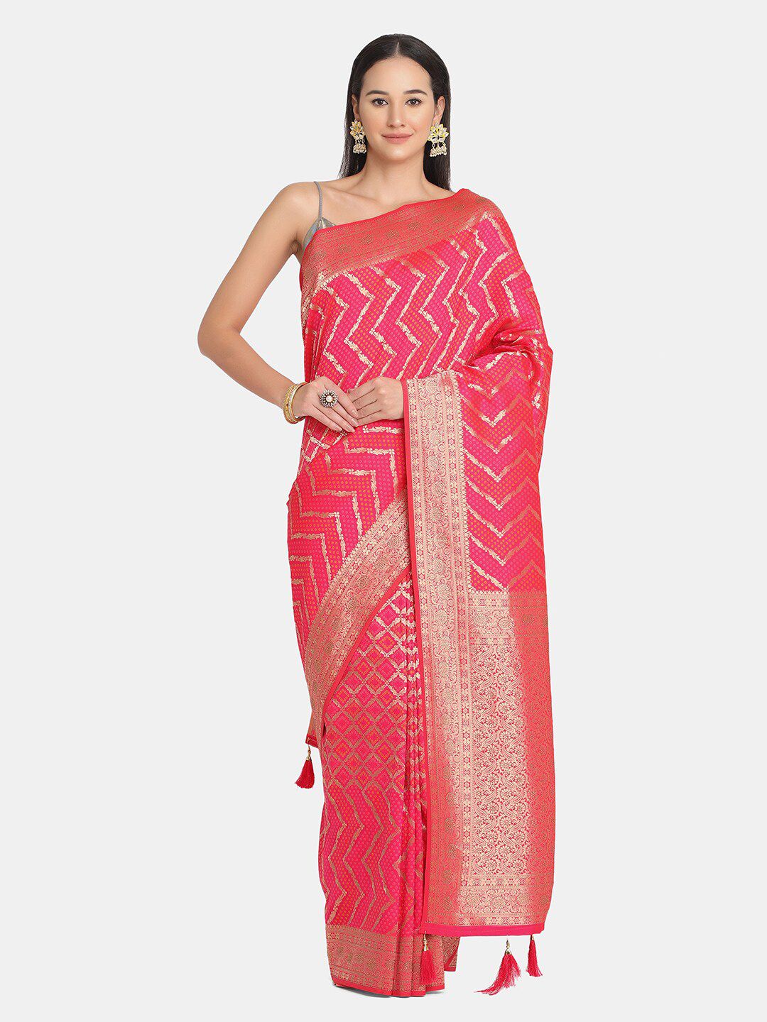 BOMBAY SELECTIONS Pink & Gold-Toned Floral Zari Pure Silk Banarasi Saree Price in India