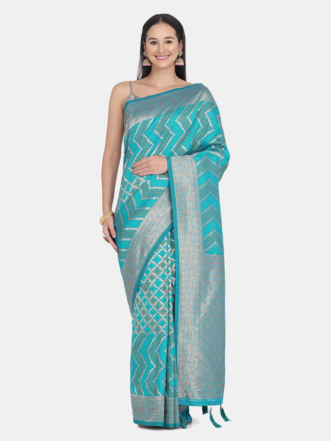 BOMBAY SELECTIONS Green & Silver-Toned Woven Design Pure Silk Banarasi Saree Price in India