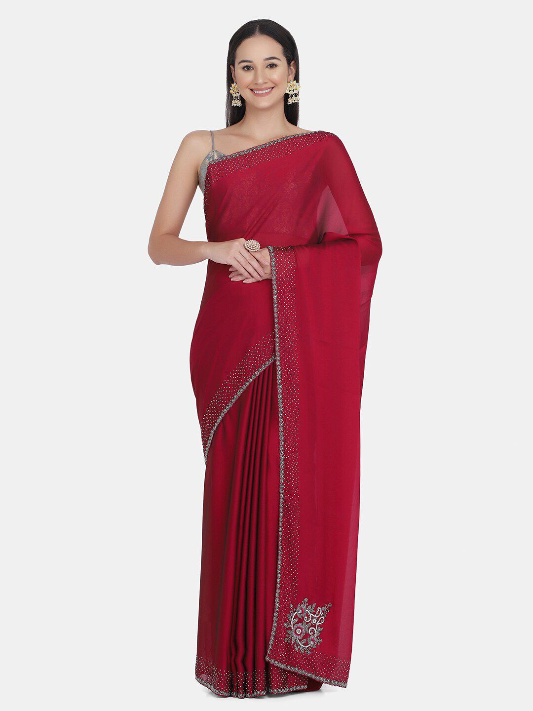 BOMBAY SELECTIONS Maroon & Grey Beads and Stones Art Silk Saree Price in India