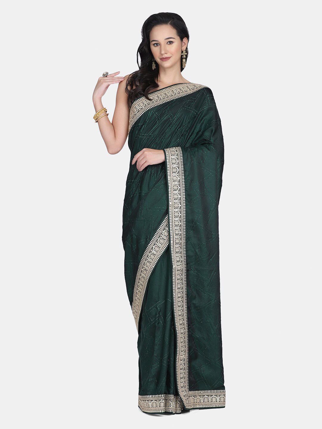 BOMBAY SELECTIONS Green & White Woven Design Pure Crepe Saree Price in India