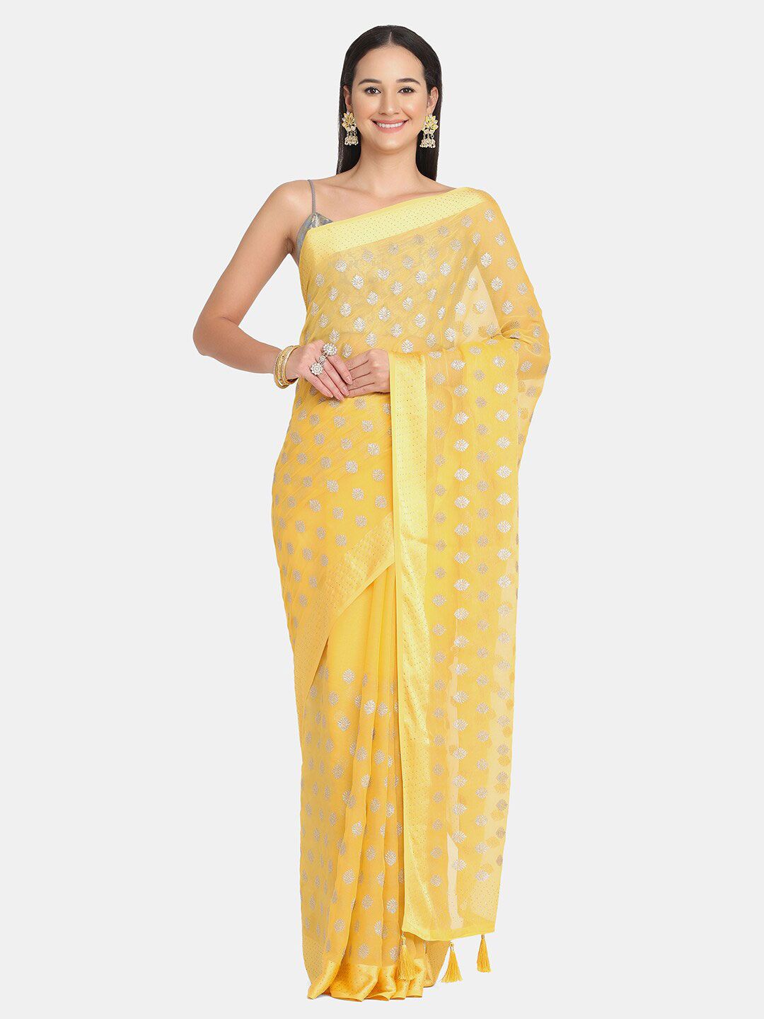 BOMBAY SELECTIONS Yellow Floral Zari Saree