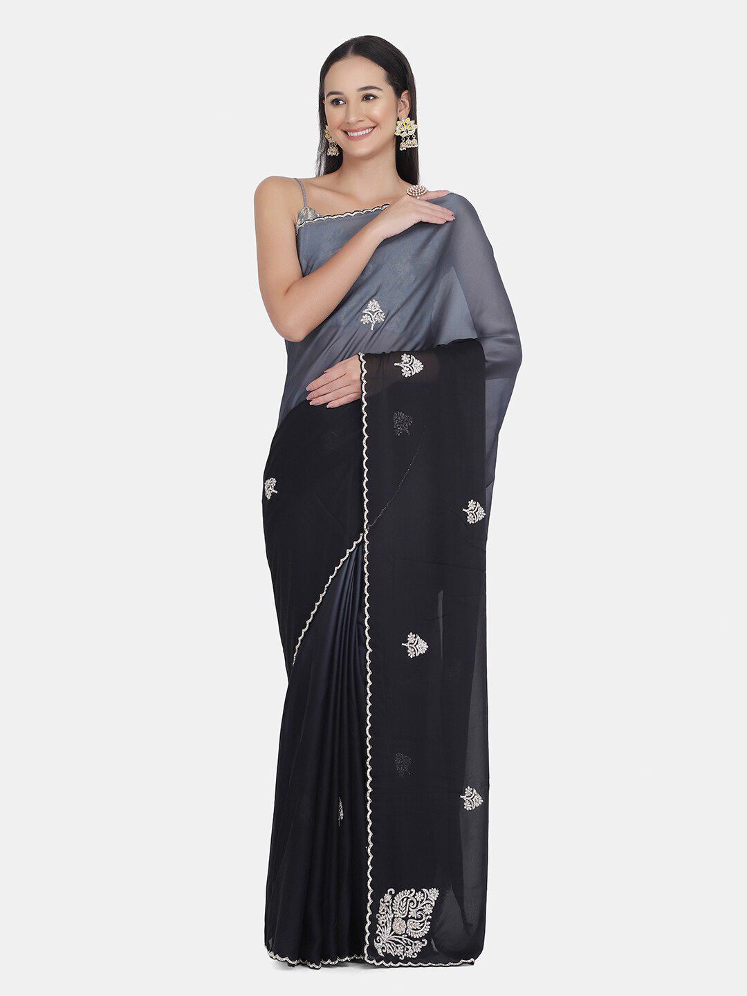 BOMBAY SELECTIONS Black & Silver-Toned Floral Art Silk Saree Price in India