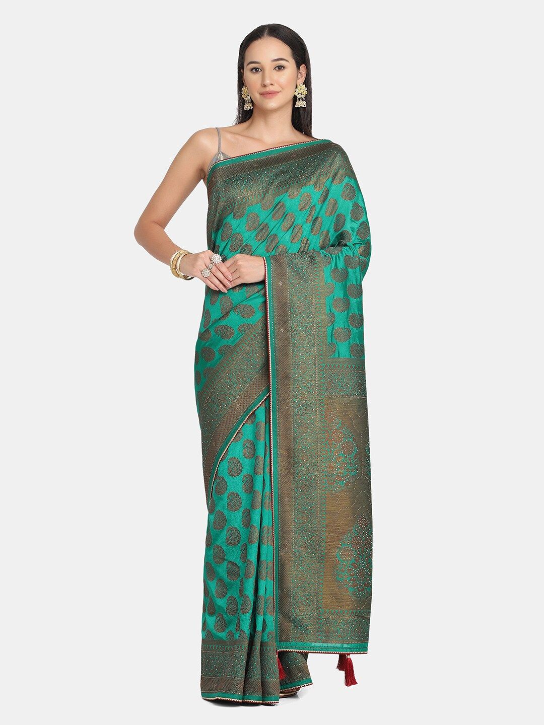 BOMBAY SELECTIONS Green & Gold-Toned Paisley Pure Silk Banarasi Saree Price in India