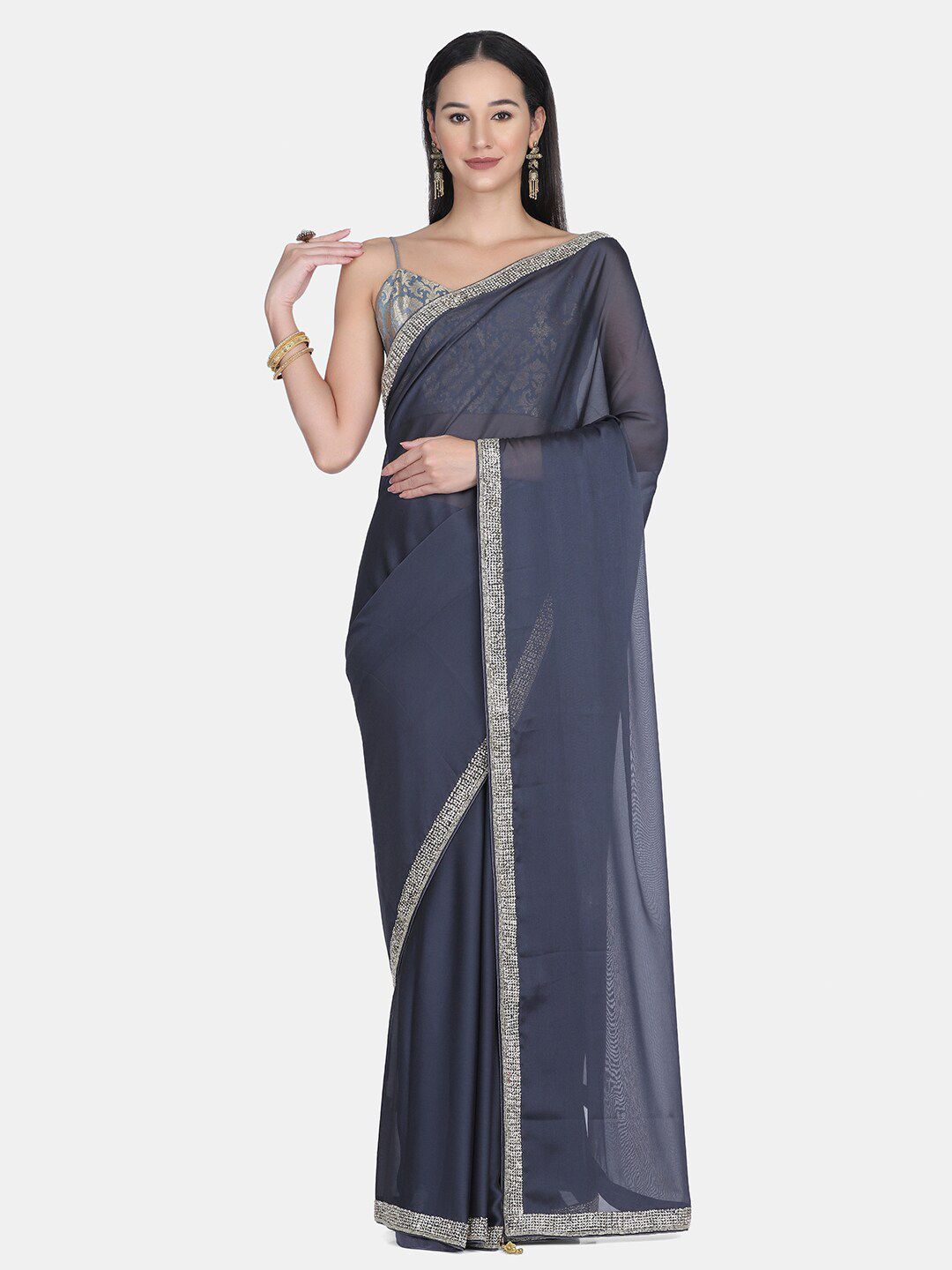 BOMBAY SELECTIONS Grey & White Pure Crepe Saree Price in India
