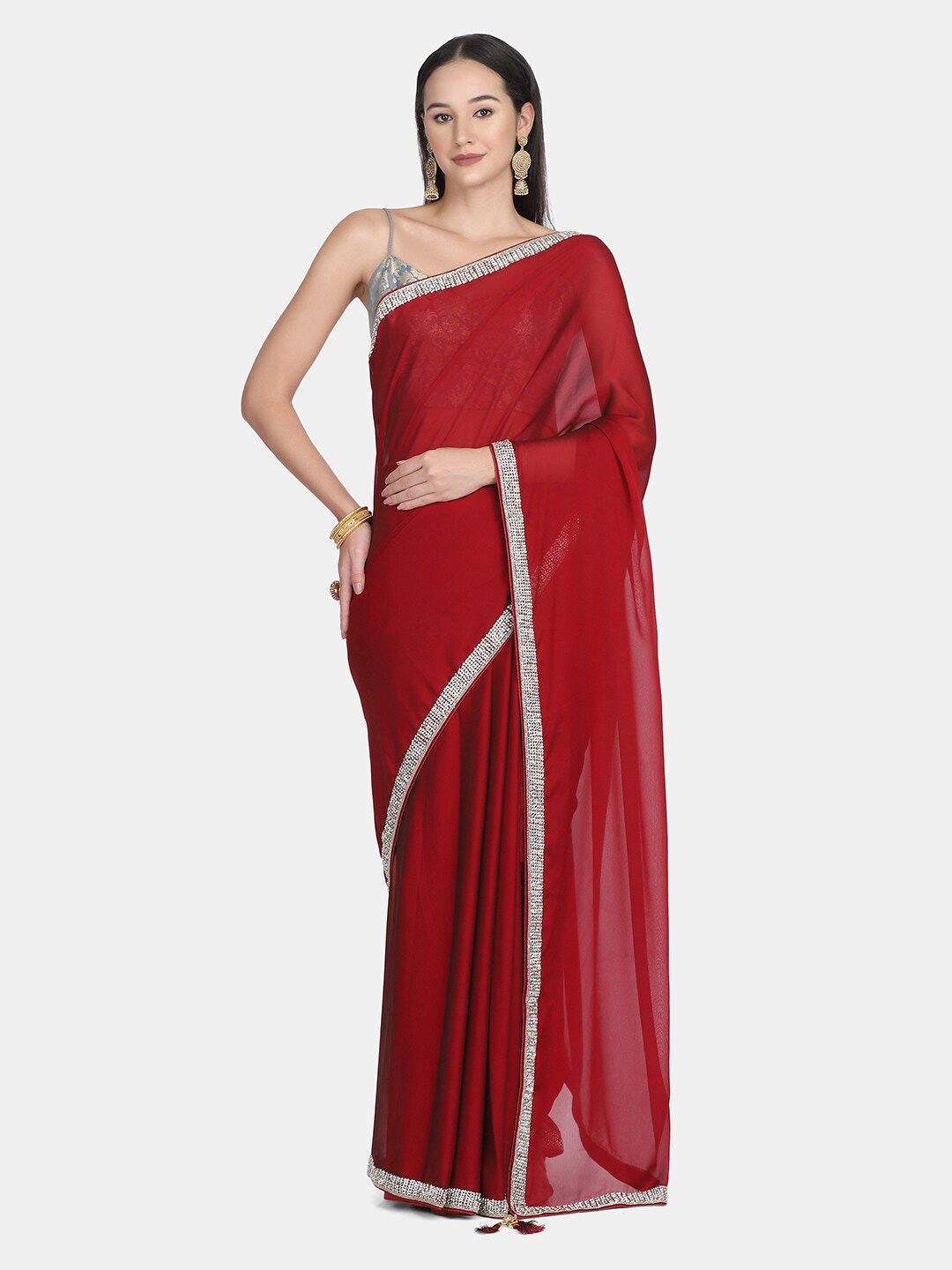 BOMBAY SELECTIONS Maroon & Silver-Toned Beads & Stones Embellished Pure Crepe Saree Price in India