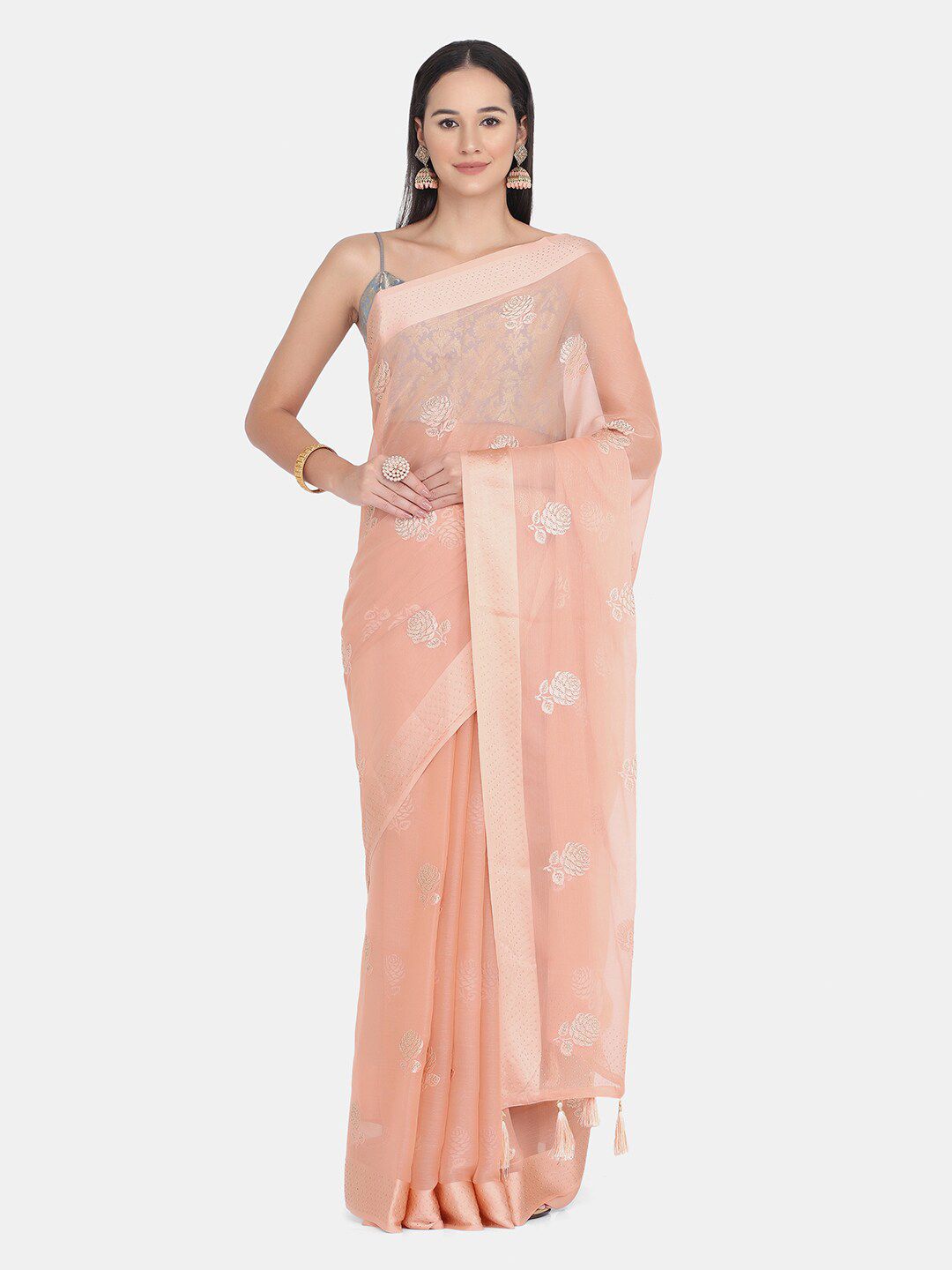 BOMBAY SELECTIONS Peach-Coloured & White Ethnic Motifs Embroidered Saree Price in India