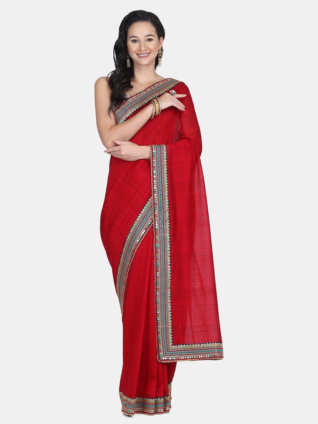 BOMBAY SELECTIONS Maroon & Blue Mirror Work Saree Price in India