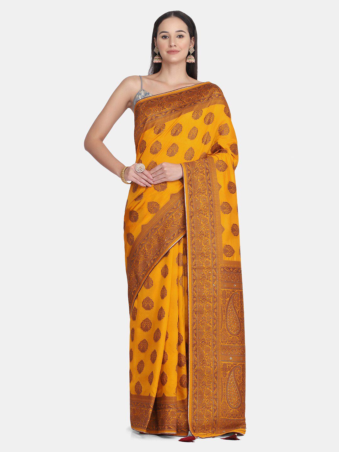 BOMBAY SELECTIONS Yellow & Brown Woven Design Zari Pure Silk Banarasi Saree Price in India