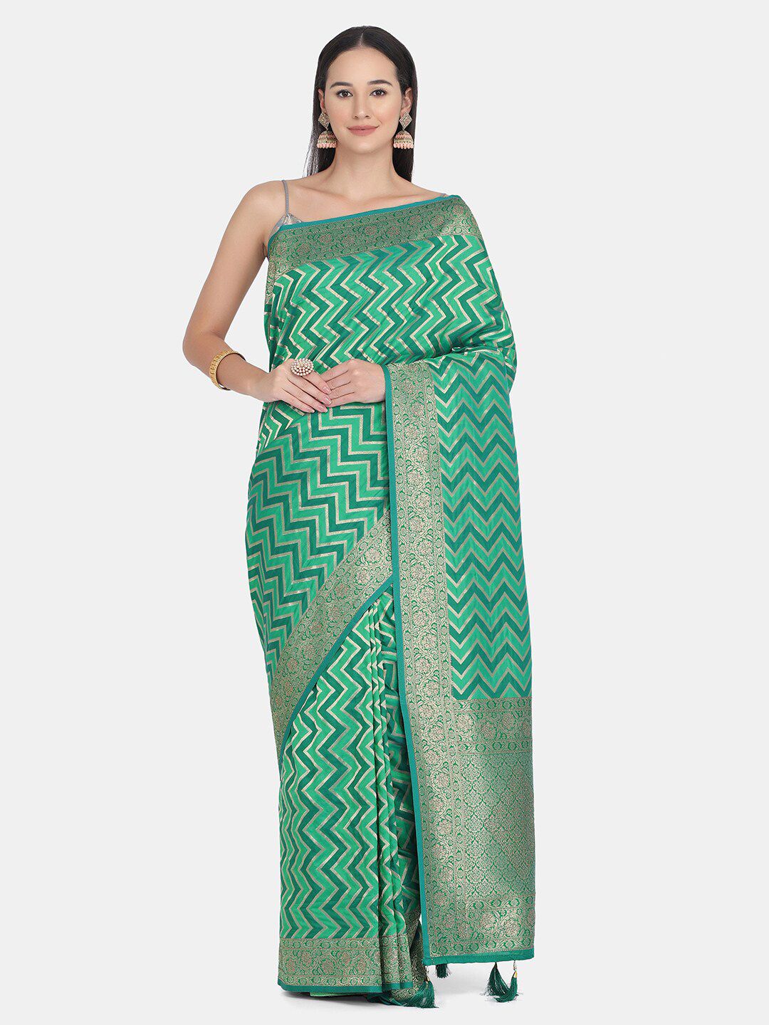 BOMBAY SELECTIONS Green & Silver-Toned Woven Design Beads and Stones Pure Silk Banarasi Saree Price in India