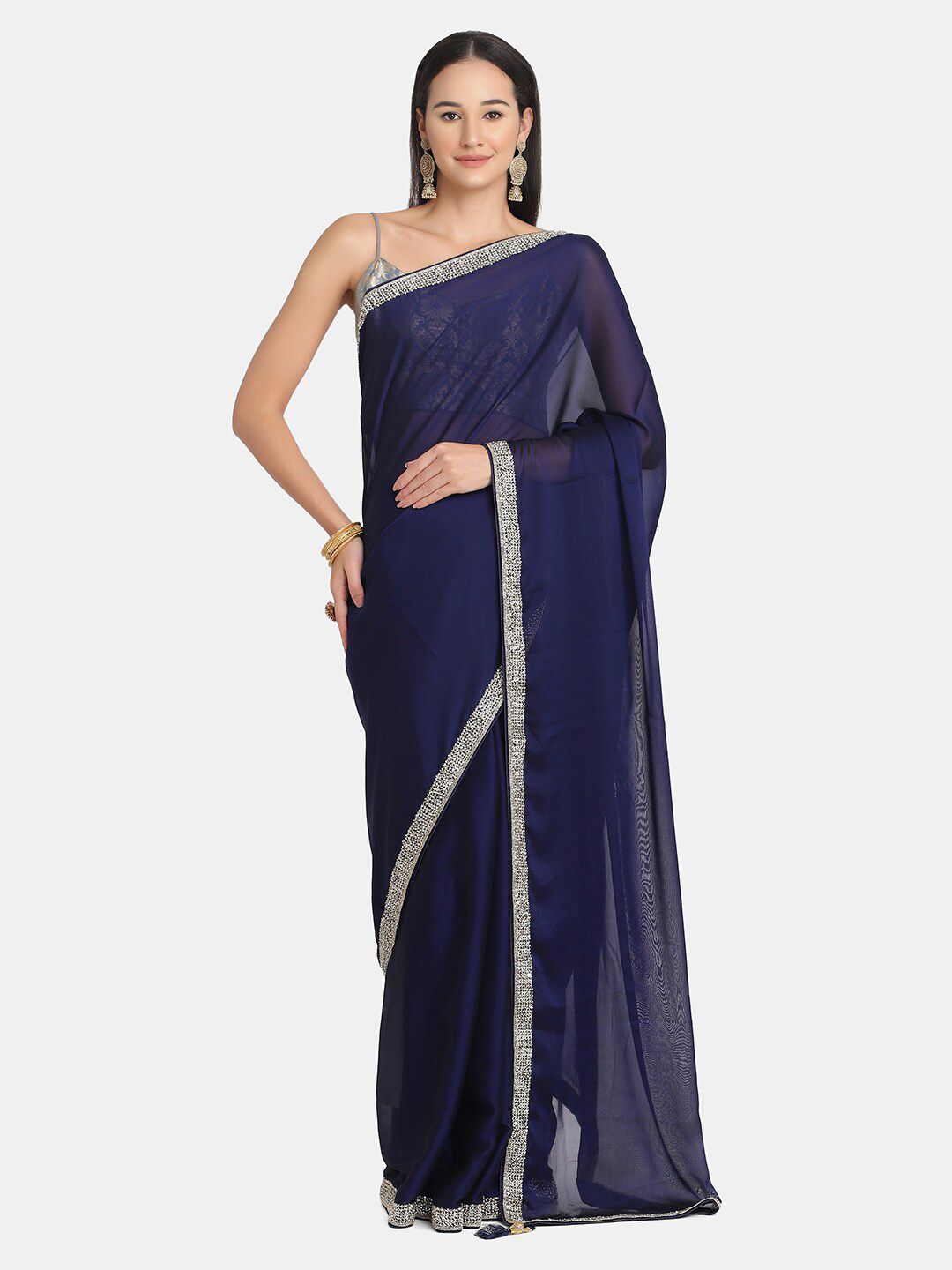 BOMBAY SELECTIONS Blue & Silver-Toned Embroidered Pure Crepe Saree Price in India