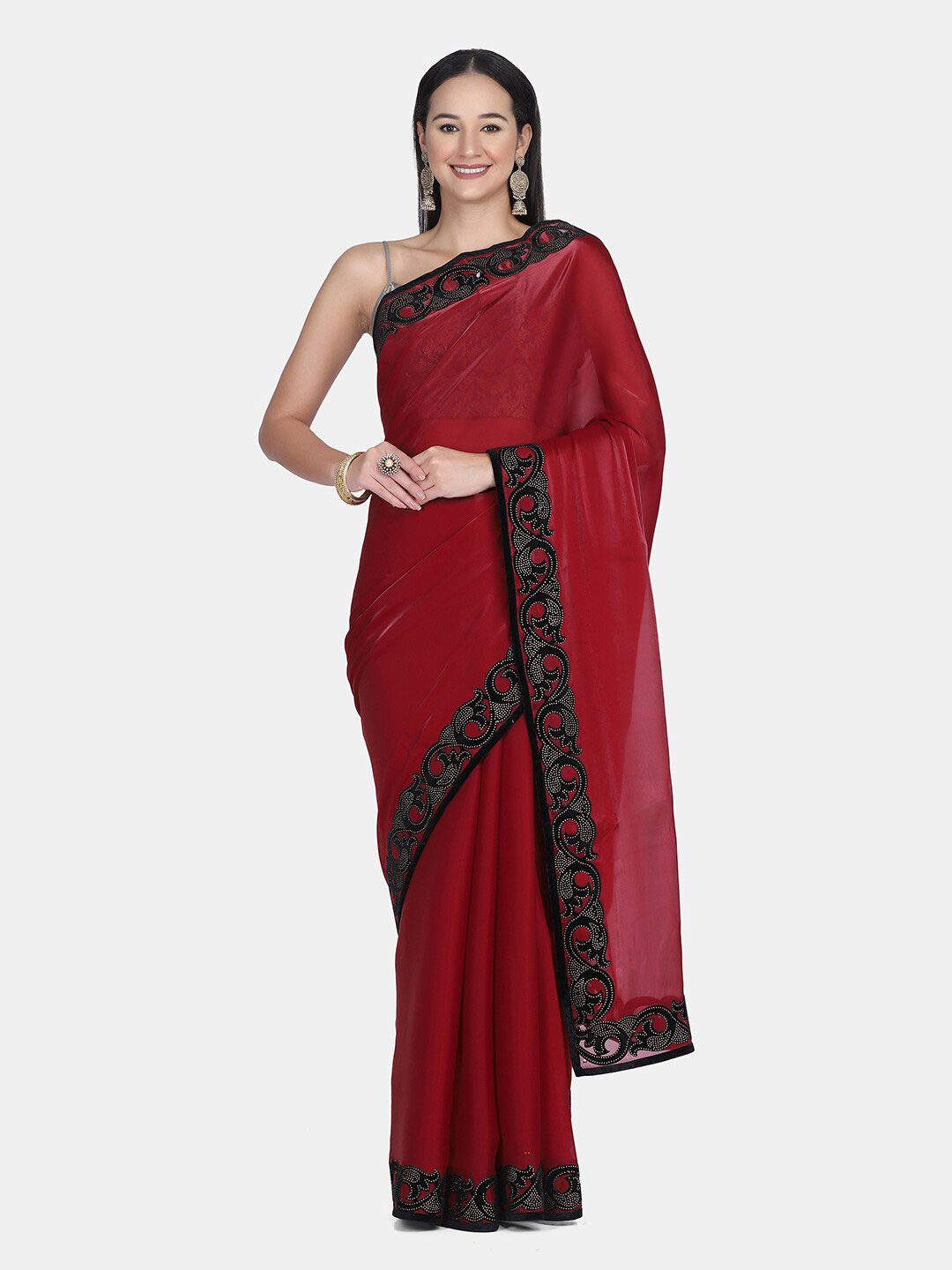 BOMBAY SELECTIONS Maroon & Black Embellished Pure Crepe Saree Price in India