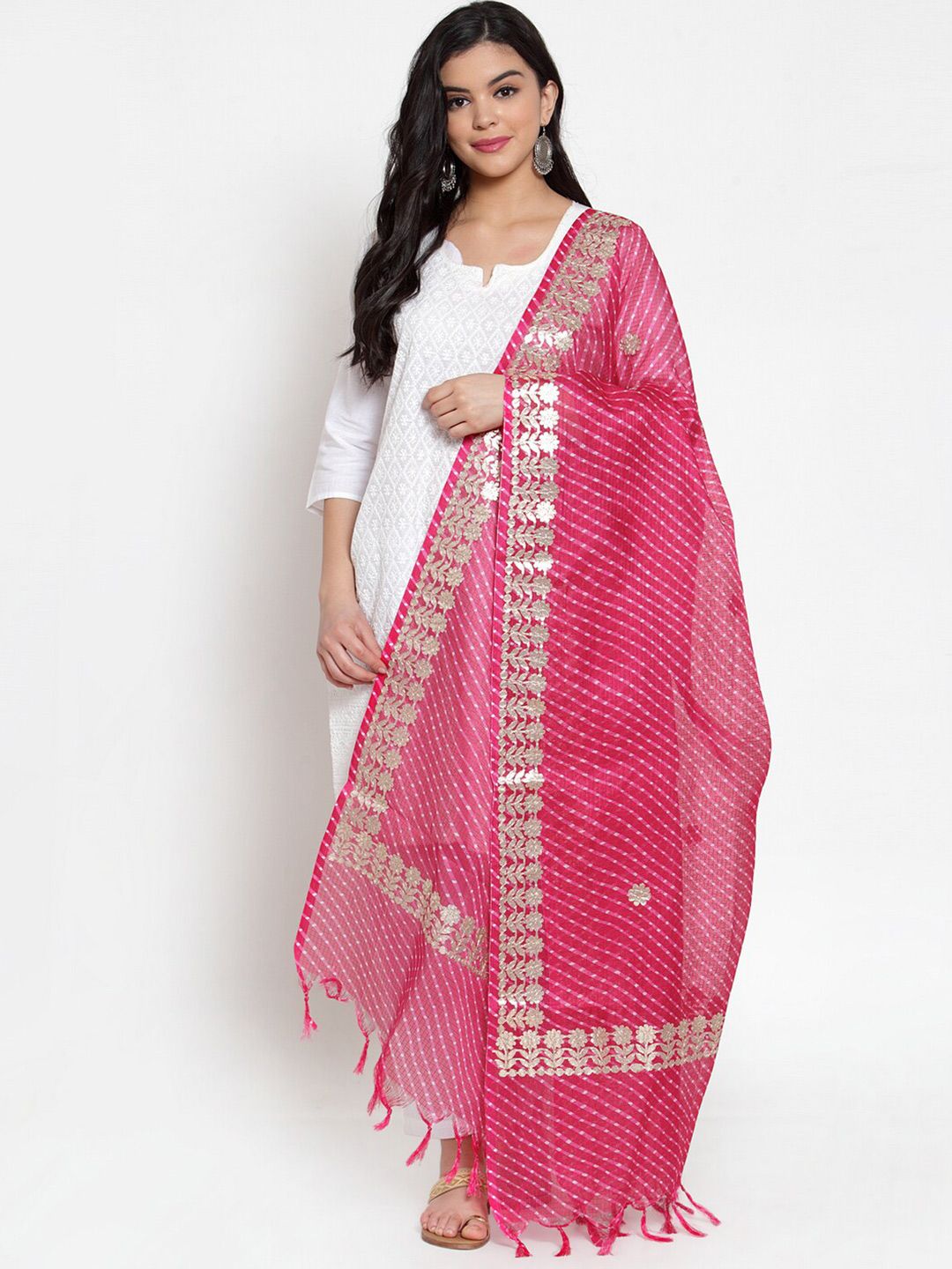 SOUNDARYA Magenta & Silver-Toned Pure Cotton Gota Patti Work Dupatta Price in India