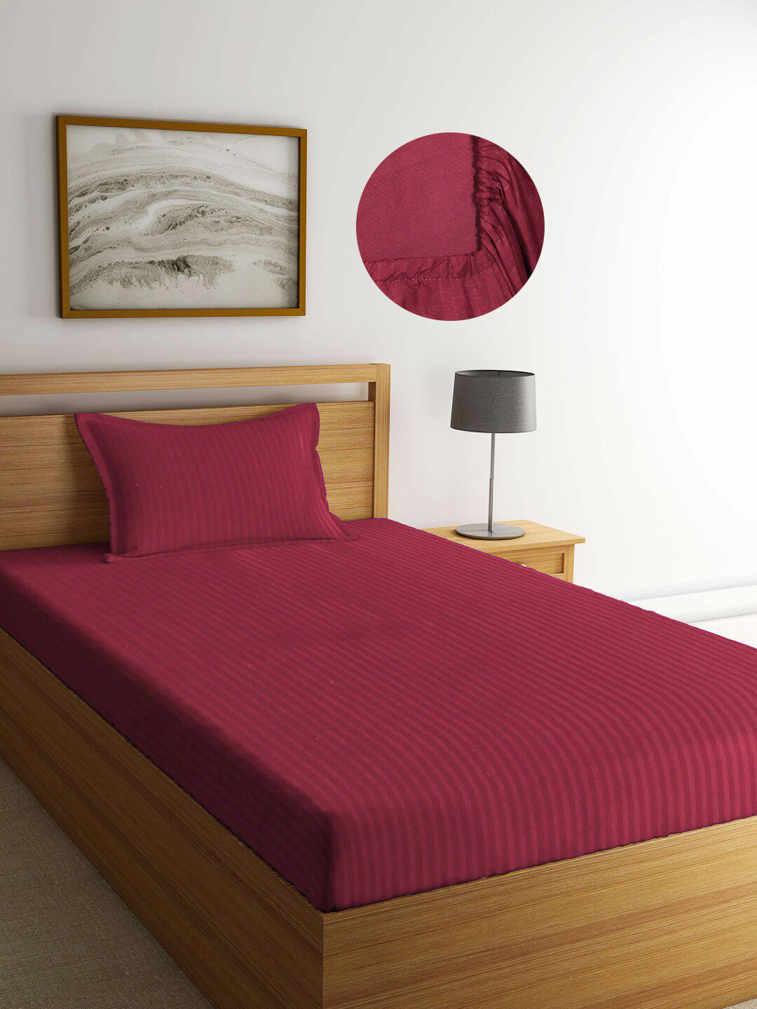Arrabi Red Striped 300 TC Single Bedsheet with 1 Pillow Covers Price in India