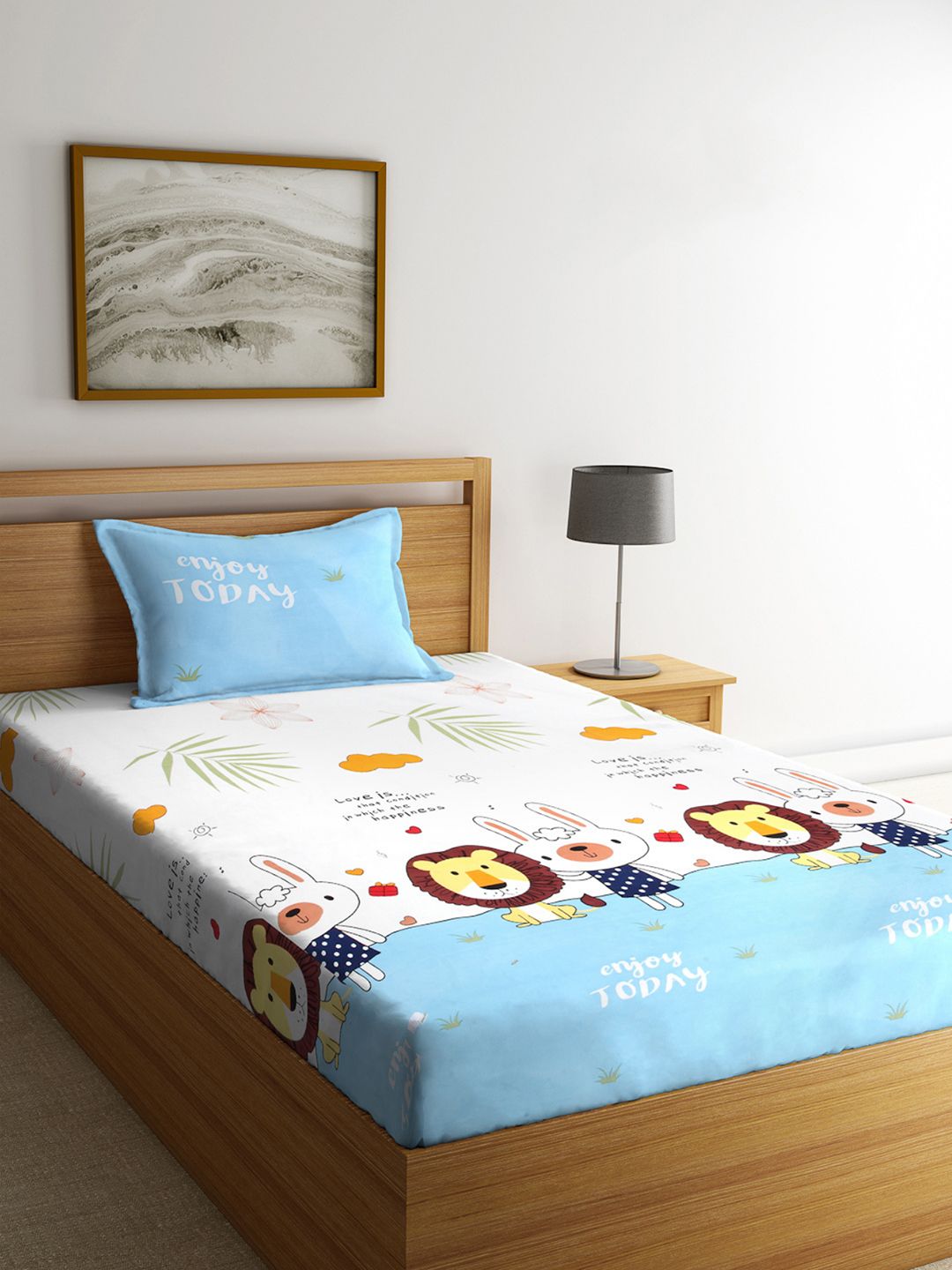 Arrabi Arrabi Multicoloured Cartoon Characters Cotton Skin-Friendly 300 TC Fitted Single Fine Bedsheet with a Pillow Cover-140 X 230 cm