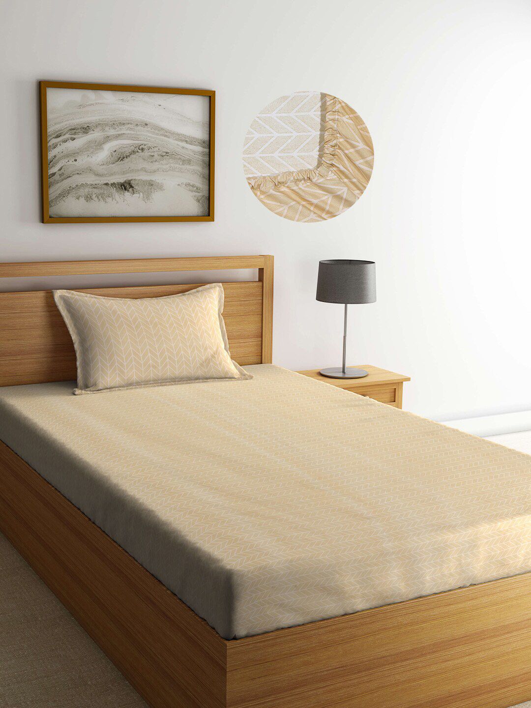 Arrabi Beige 300 TC Single Abstract Cotton Bedsheet with 1 Pillow Cover Price in India