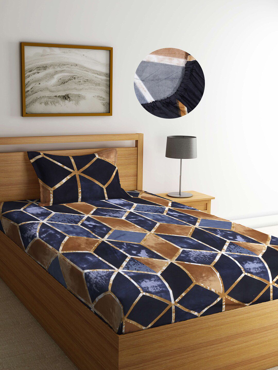 Arrabi Brown & Navy Blue Geometric 300 TC Single Bedsheet with 1 Pillow Covers Price in India