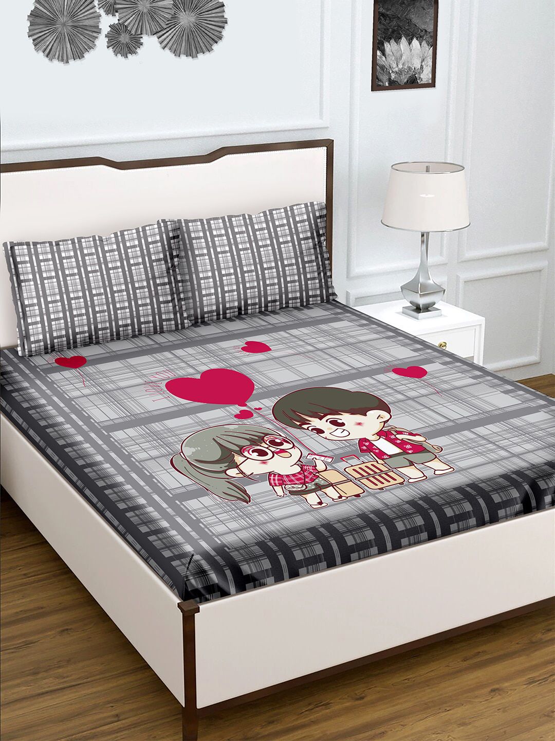 BELLA CASA Grey & Red Graphic 180 TC Cotton King Bedsheet with 2 Pillow Covers Price in India