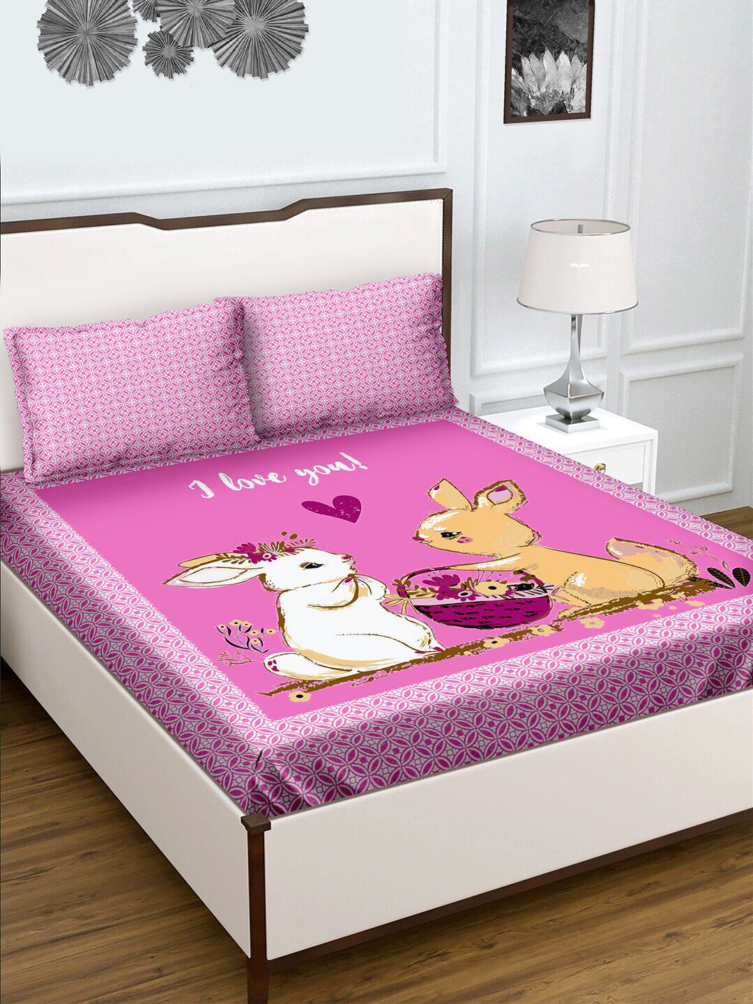 BELLA CASA Pink & Multicoloured Cartoon Characters 180 TC King Bedsheet with 2 Pillow Covers Price in India