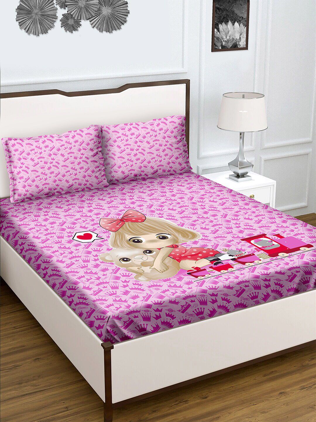 BELLA CASA Pink & Beige Graphic 180 TC Cotton King Bedsheet with 2 Pillow Covers Price in India