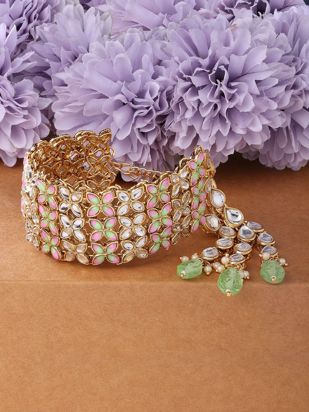 Zaveri Pearls Women Gold-Toned & Green Gold-Plated Wraparound Bracelet Price in India