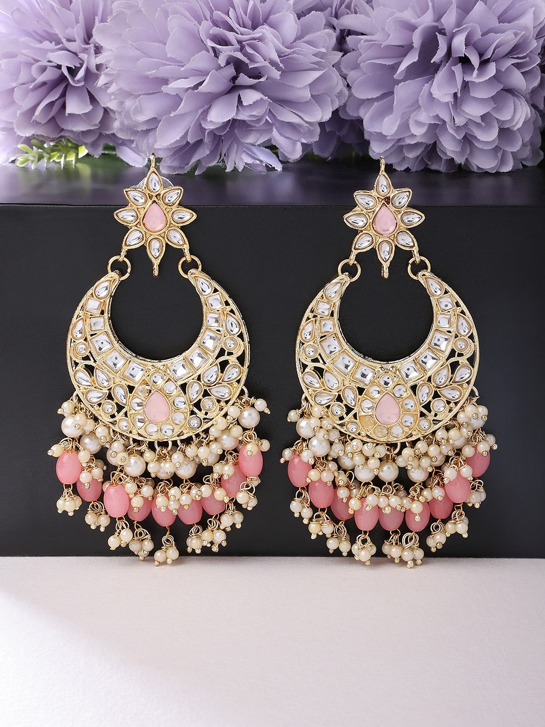 Zaveri Pearls Pink Gold-Plated Contemporary Chandbalis Earrings Price in India