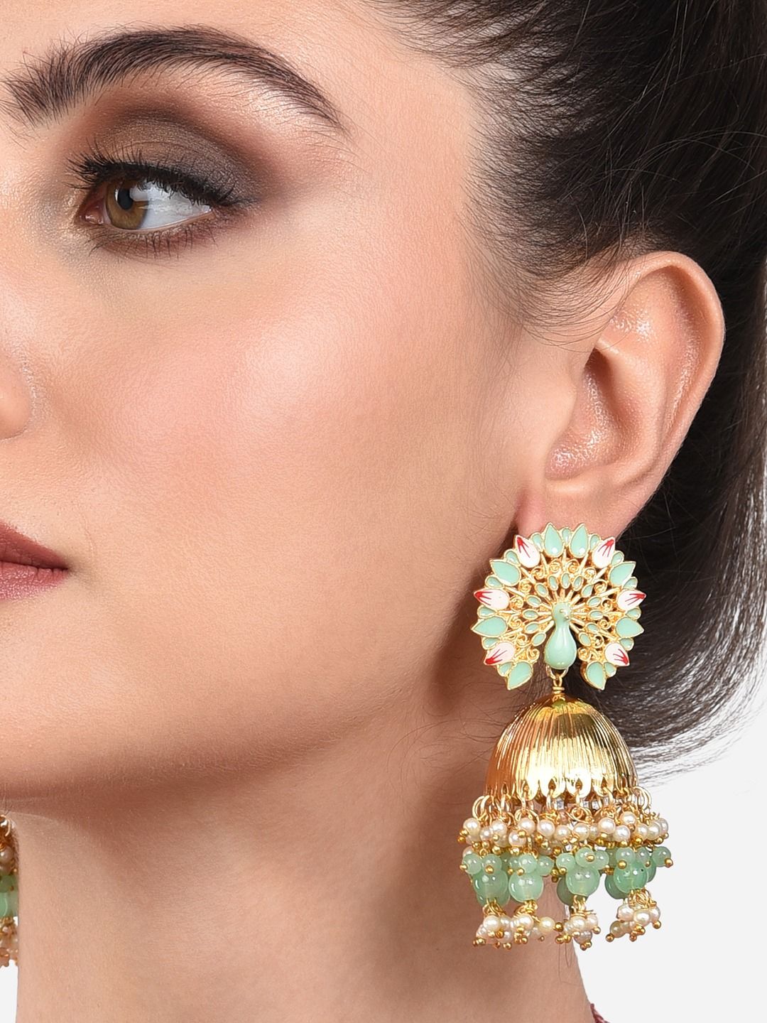 Zaveri Pearls Green Peacock Shaped Jhumkas Earrings Price in India