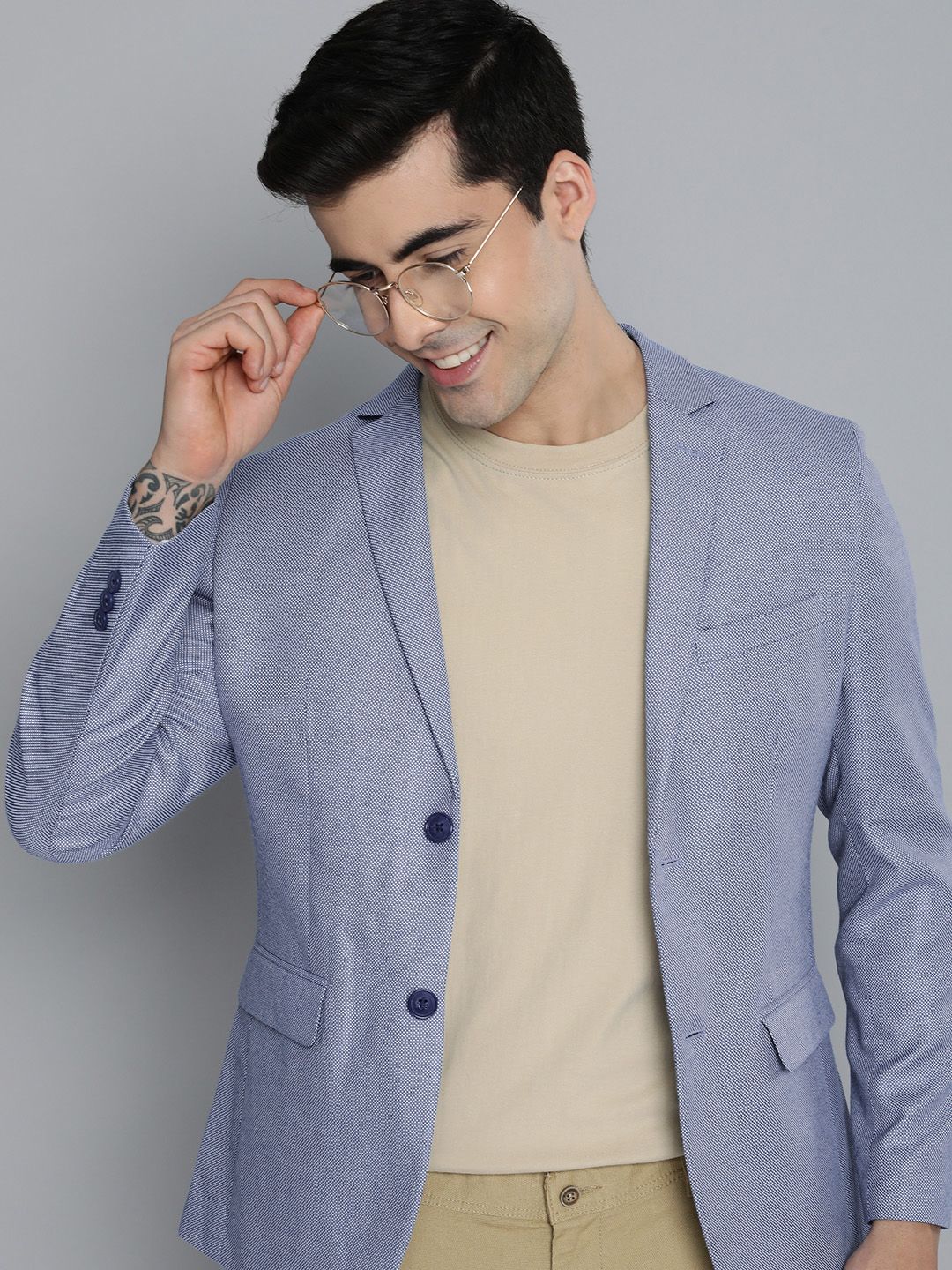 HERE&NOW Men Blue Self Design Textured Regular Fit Smart Casual Blazer