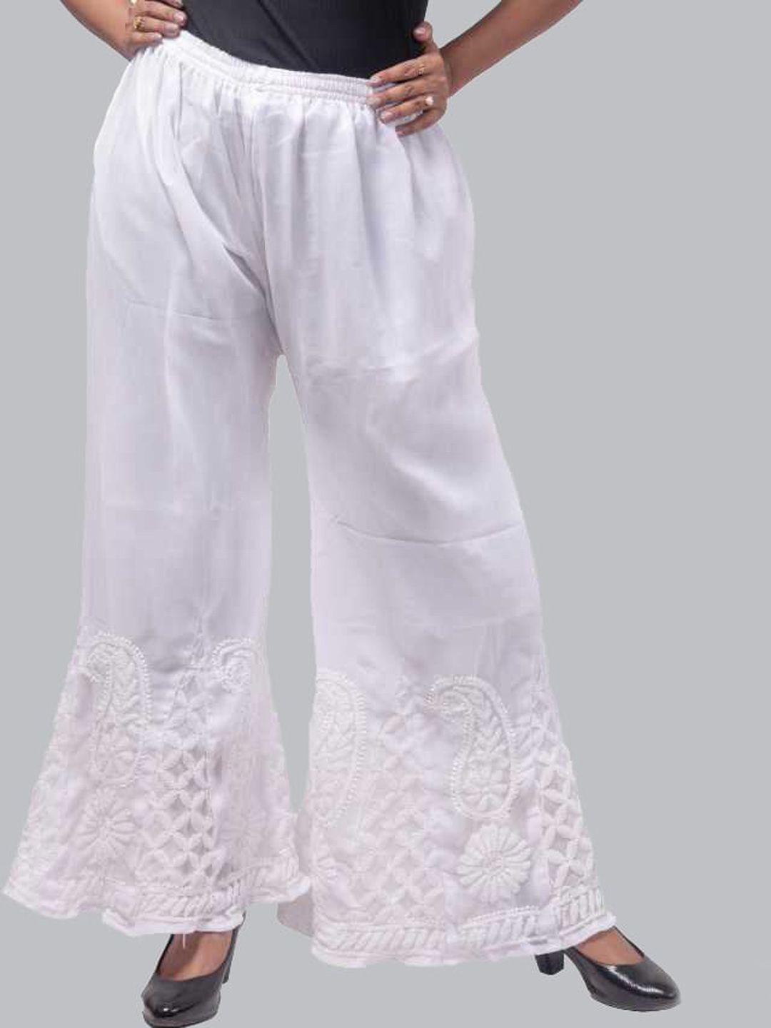 FAWOMENT Women White Chikankari Hand Embroiderd Georgette Sharara Pyjamas Price in India