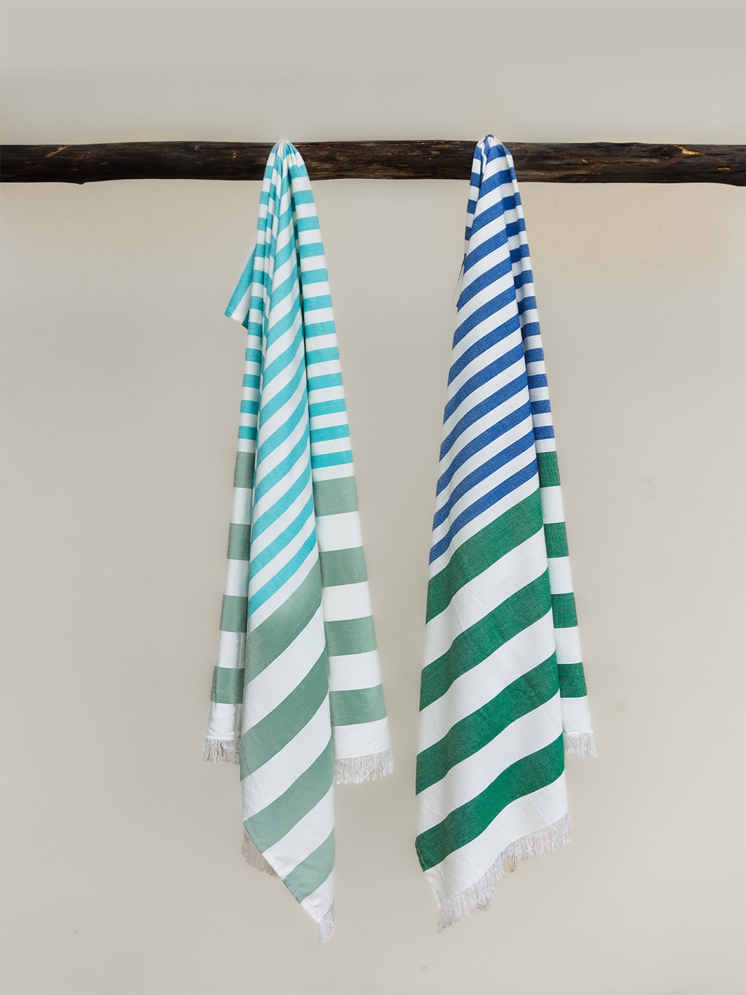 MUSH Blue & Green Striped Pack Of 2 Extra Large Bamboo Cabana Turkish Beach Towel Price in India