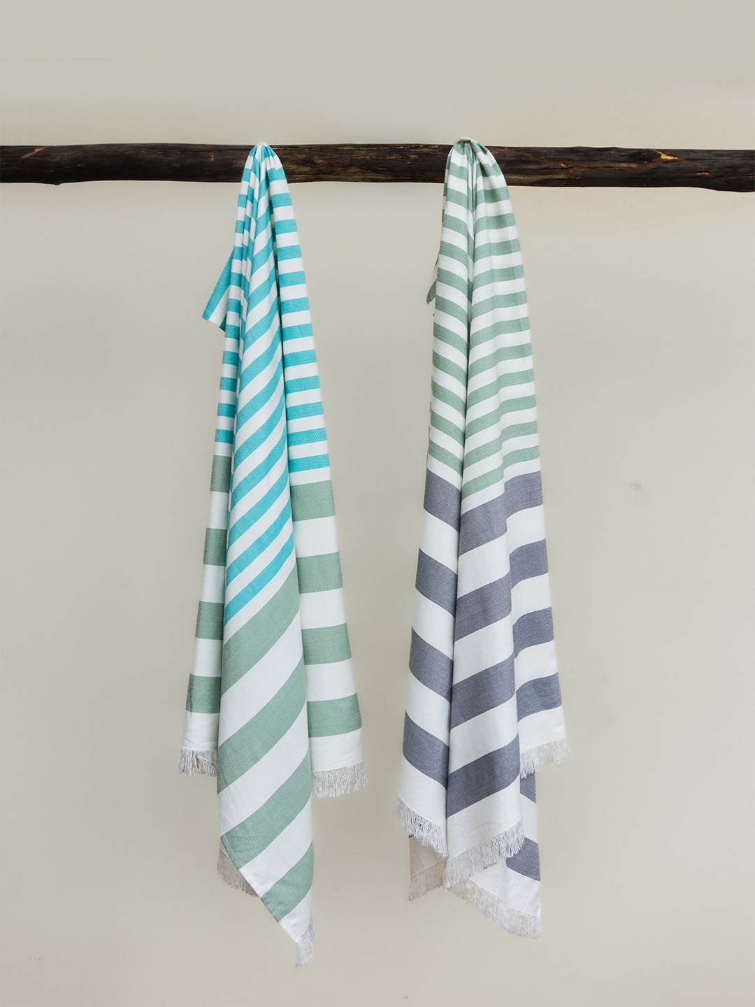 MUSH Pack Of 2 Striped 300 GSM Extra Large Bamboo Cabana Turkish Beach Towel Price in India