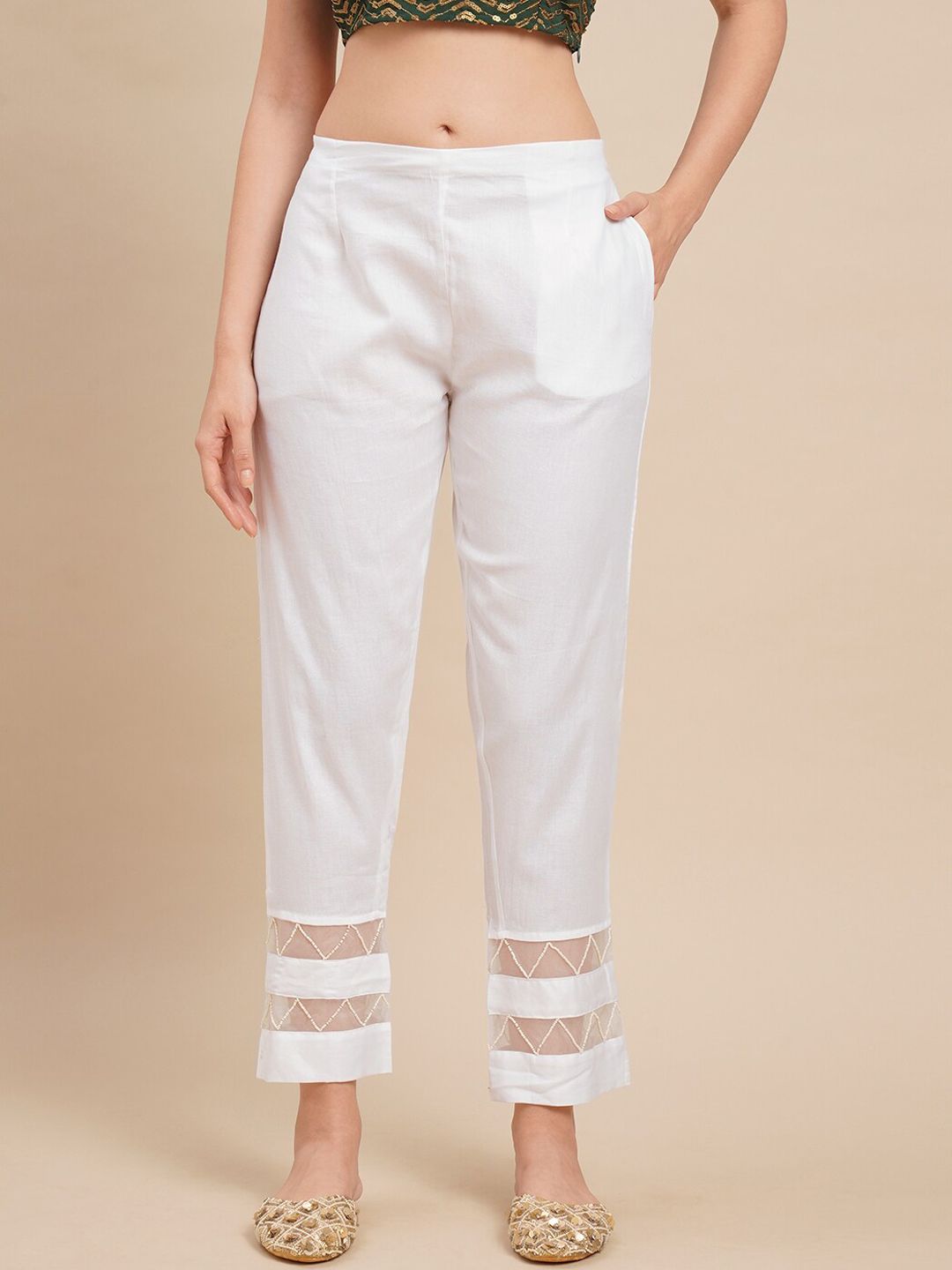 FASHOR Women White Comfort Straight Fit Pleated Trousers Price in India