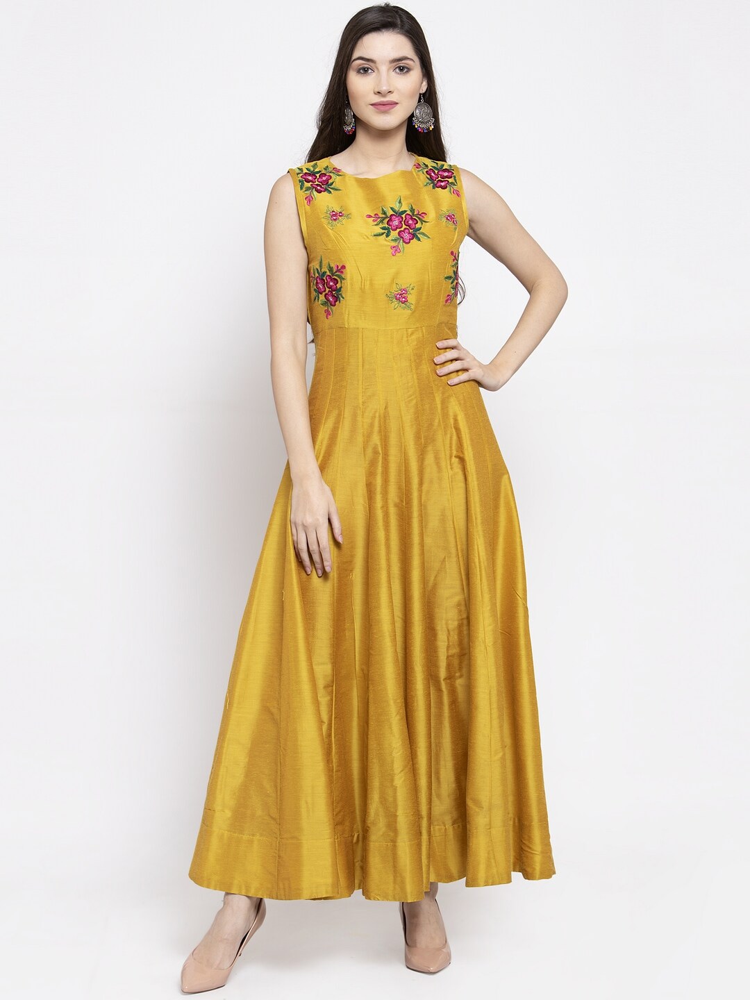 Bhama Couture Mustard Yellow Floral Ethnic Maxi Dress Price in India