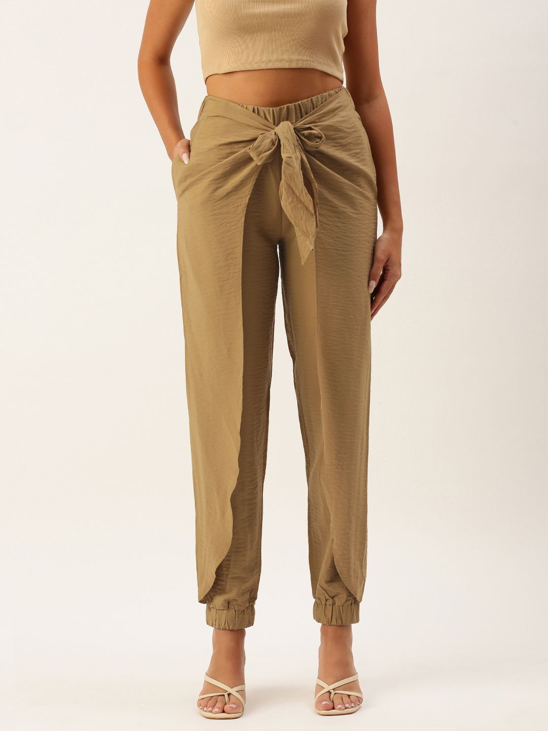 FOREVER 21 Women Beige Solid Joggers Trousers With Overlap Detailing Price in India