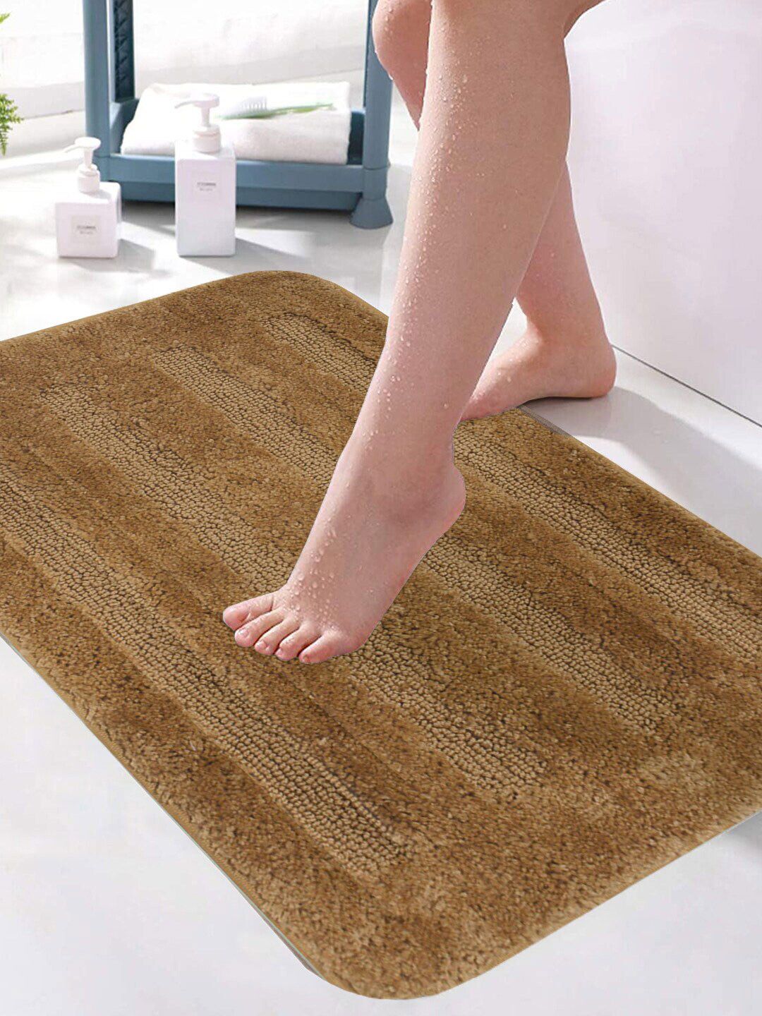LUXEHOME INTERNATIONAL Brown Striped 1780 GSM Bath Rug Price in India