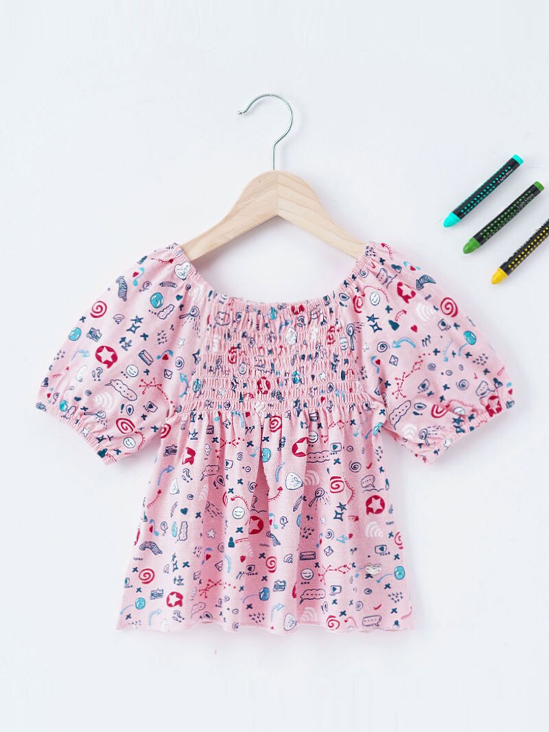 Ed-a-Mamma Girls Peach-Coloured Floral Print Off-Shoulder Pure Cotton Bardot Top