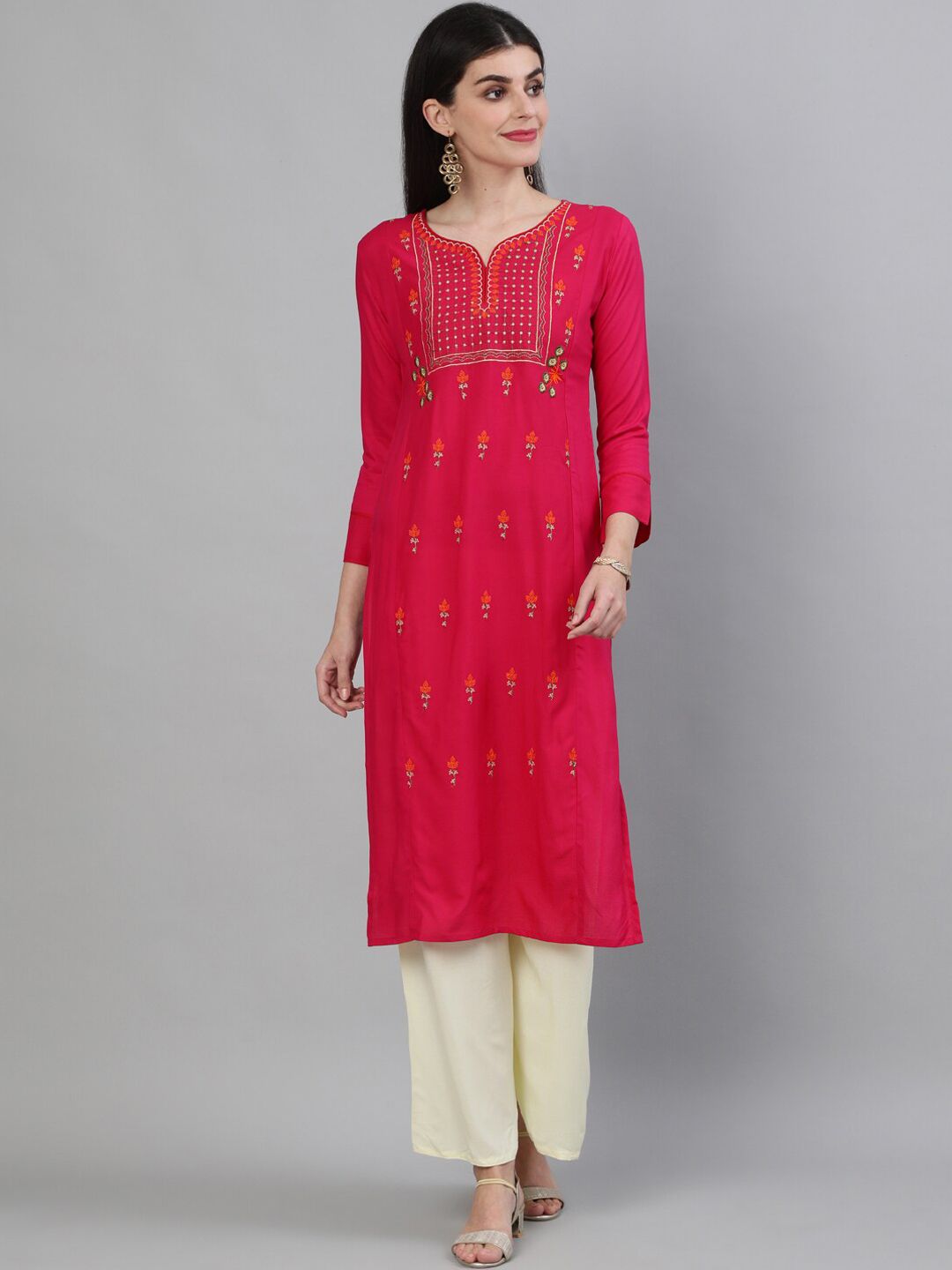 KIMAYRA Women Fuchsia Ethnic Motifs Embroidered Straight Kurta Price in India